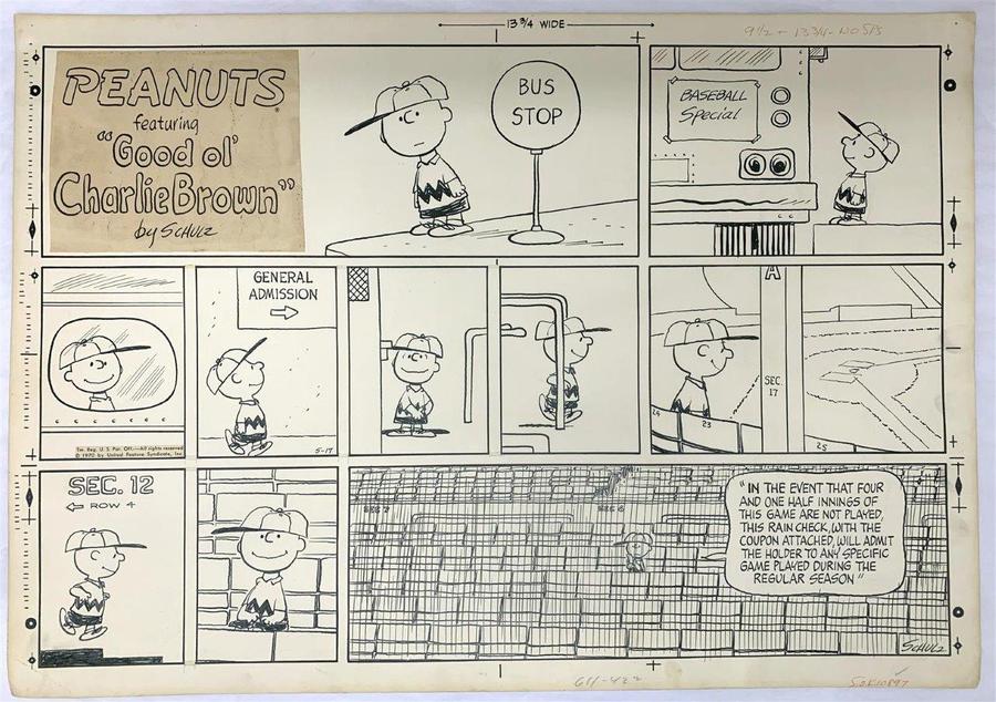 Original Sunday Peanuts comic art page by Charles Schulz, dated 5/17/1970.
Weiss Auctions
 