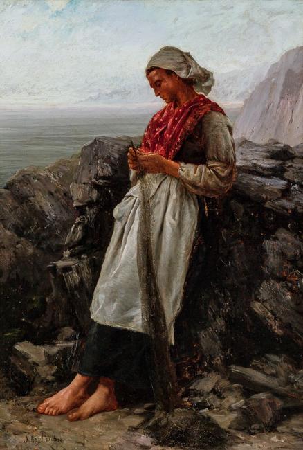 Lot 45 – Jules Breton (French, 1827-1906), Mending the Nets, oil on canvas, signed lower left "Jules Breton", 26 1/4 x 18 inches, estimate: $30,000-50,000.