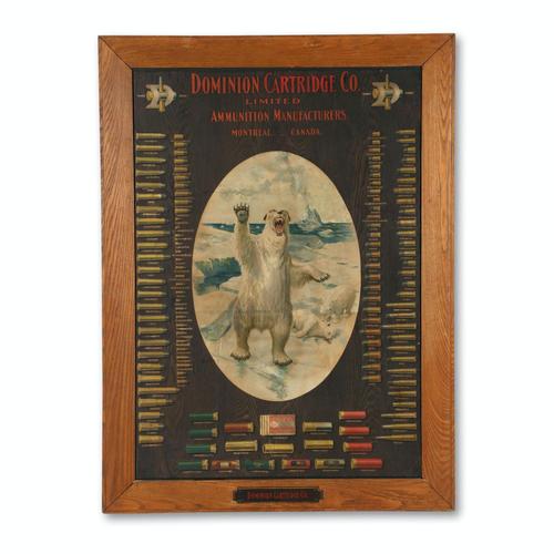 Exceedingly rare Dominion Cartridge Company ammunition board, produced in Canada in the 1930s, litho pasted to Masonite board, housed in a 37 inch by 26 inch frame (CA$4,500).
Miller & Miller Auctions, Ltd.