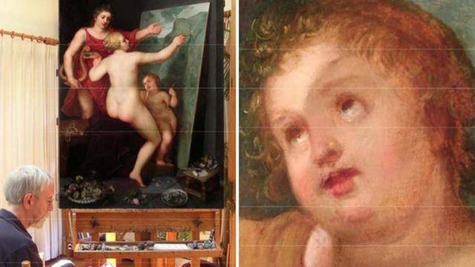 Chicago painting conservator Barry Bauman with Otto van Veen’s  “Apollo and Venus” (Flemish, ca.  1600, unsigned); detail.