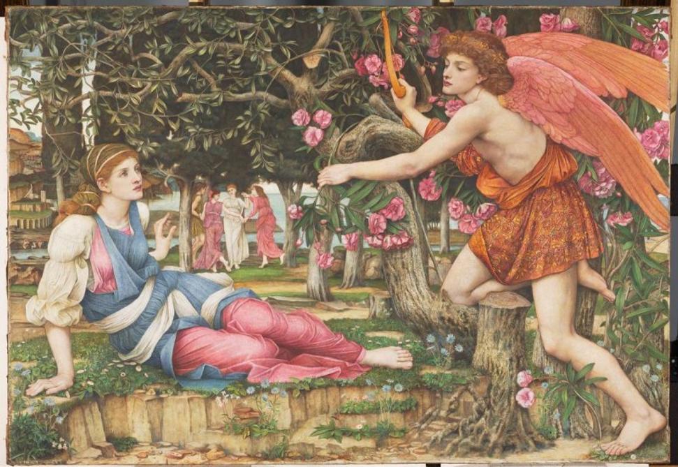 John Roddam Spencer Stanhope, "Love and the Maiden," 1877.  Oil, old paint and gold leaf on canvas, 54 x 79 in.  (137.2 x 200.7 cm).  Fine Arts Museums of San Francisco, Museum purchase, European Art Trust Fund, Grover A.  Magnin Bequest Fund and Dorothy Spreckels Munn Bequest Fund, 2002.176