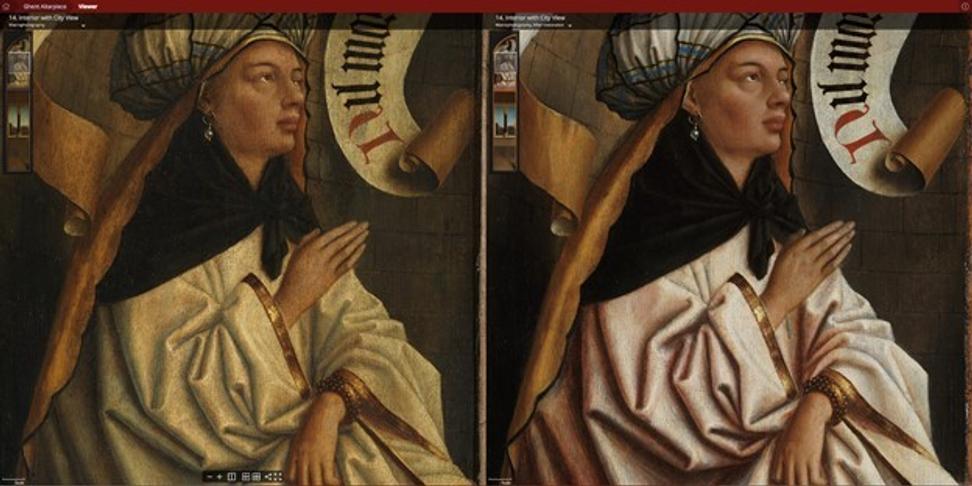 Detail of Erythraean Sibyl, before and after restoration, change of colour