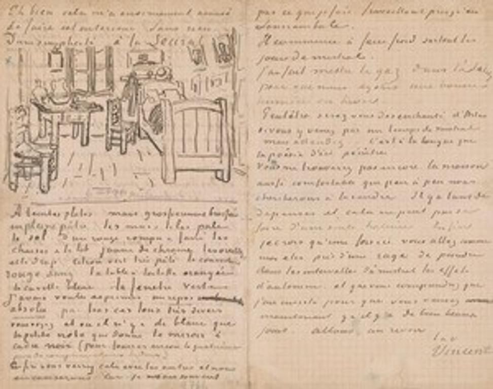 Vincent van Gogh (1853–1890), Letter to Paul Gauguin, 17 October 1888, with a sketch of Bedroom at Arles, pen and brown ink on graph paper, Thaw Collection, The Morgan Library & Museum, MA 6447.  Given in honor of Charles E.  Pierce, Jr., 2007.  Photography by Graham S.  Haber, 2016.