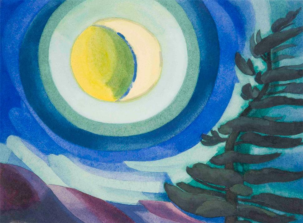 Oscar Florianus Bluemner (American, born in Germany, 1867-1938).  Moon Radiance, 1927.  Watercolor with gum coating on hot pressed off-white wove paper laid down by the artist to thick wood panel.  Collection of Karen and Kevin Kennedy.