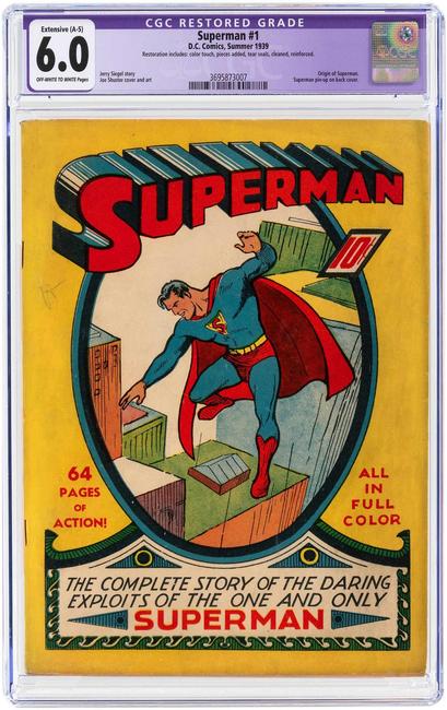 Superman #1, Summer 1939, CGC Restored 6.0, contains origin story of Superman, Superman pinup on back cover. Provenance: Dan Makara collection. Sold for $42,992
Hake's Auctions