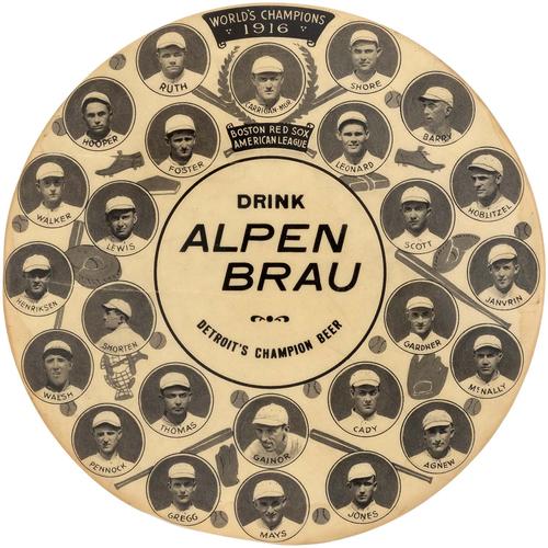 Only known Boston Red Sox 1916 World Championship button, unusually large 6in size, advertises ‘Alpen Brau – Detroit’s Champion Beer,’ features images of manager Bill Carrigan plus 24 teammates, including future Hall of Famers Babe Ruth, Herb Pennock and Harry Hooper. Provenance: the late Dr. Paul Muchinsky. Sold for $62,980 – a world-record auction price for a button of any type, sports or otherwise.
Hake's Auctions