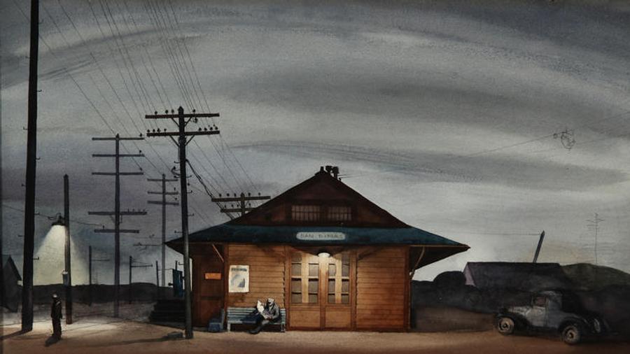 Millard Sheets, “San Dimas Train Station,” 1933, is on view at the new Hilbert Museum of California Art. (Courtesy, Hilbert Museum of California Art)