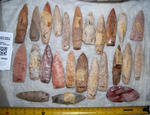 Major chert knife and projectile point collection, including about 100 points averaging about 4 inches long, a significant number of them labeled for the source ($3,875).