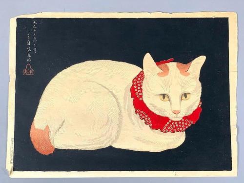 Color woodblock with embossing by Hiroaki Takahashi Shotei (Japanese, 1871-1945), titled Tama, the Cat (1924), 10 inches by 14 inches ($1,107).
Neue Auctions