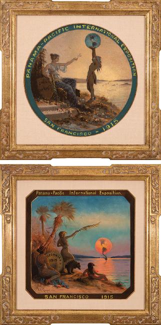 Upper image: Astley David Middleton Cooper, "Proposed Seal of the 1915 Panama-Pacific International Exposition (Round Image)," 1911              Lower image: Astley David Middleton Cooper, "Proposed Seal of the 1915 Panama-Pacific International Exposition (Octagonal Image)", 1911