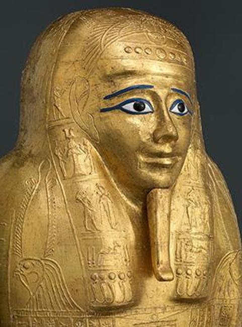 Gilded Coffin Lid for the Priest Nedjemankh (detail).Late Ptolemaic Period (150-50 B.C.). Cartonnage, gold, silver, resin, glass, wood. Purchase, 2017 Benefit Fund; Lila Acheson Wallace Gift; Louis V. Bell, Harris Brisbane Dick, Fletcher, and Rogers Funds and Joseph Pulitzer Bequest; Leona Sobel Education and The Camille M. Lownds Funds; and 2016 Benefit Fund, 2017 (2017.255b). Image © The Metropolitan Museum of Art, New York