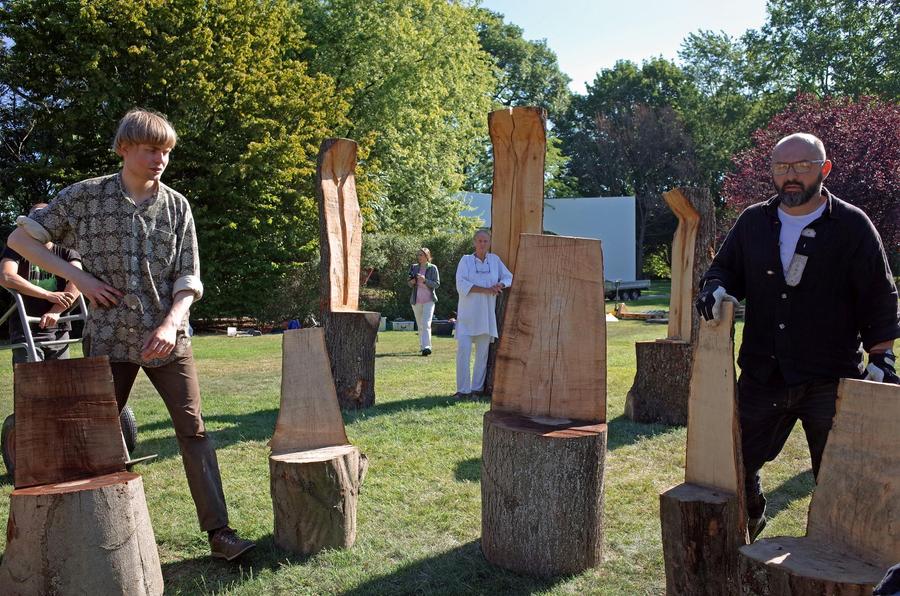 Mary Bauermeister (b.1934), Rübezahl, 2020, showing installation in progress, KölnSkulptur #10, Skulpturenpark Köln, Cologne, Germany, July 2020–Summer 2022; Photographer Simon Stockhausen