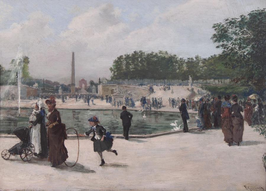 Victor Gabriel Gilbert (French 1847 - 1933) The Tuileries Garden. Oil on panel, 9 ¼ x 13 inches. Signed and dated V.Gilbert 1889 , lower right. Exhibitor: Thomas Colville Fine Art