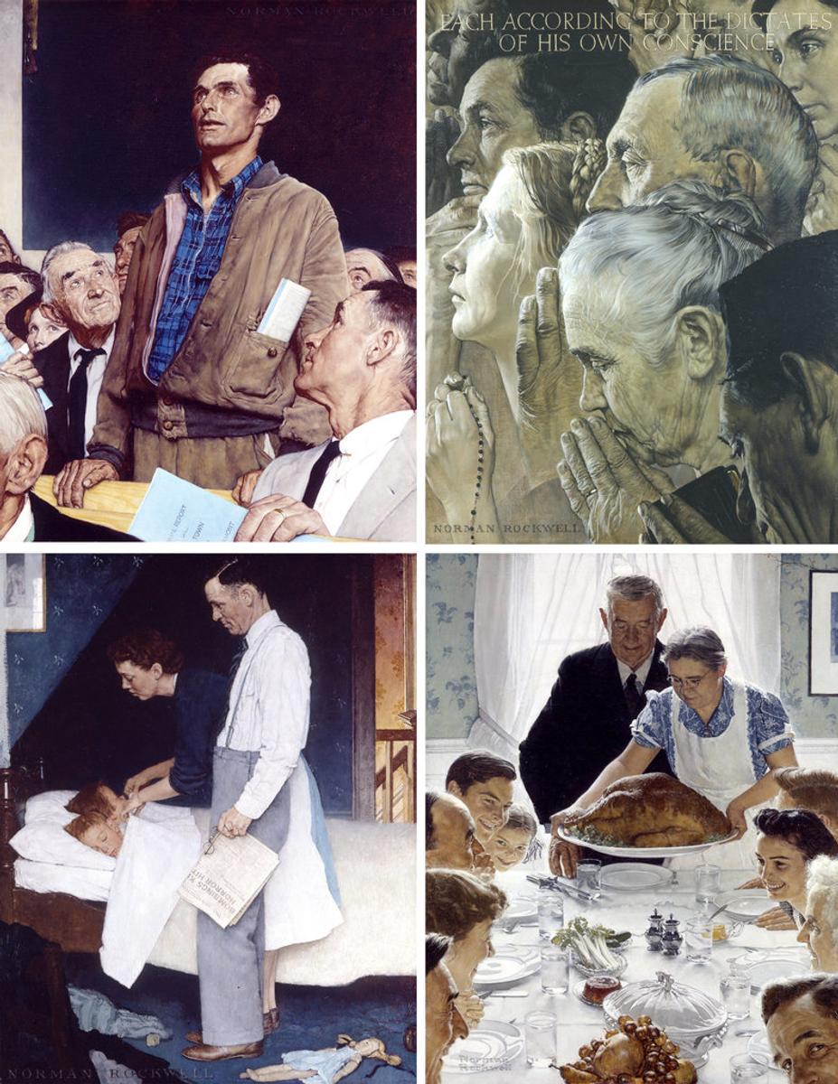 Rockwell's (clockwise from left): “Freedom of Speech,” 1943; “Freedom of Worship,” 1943; “Freedom from Want,” 1943; and “Freedom from Fear,” 1943.