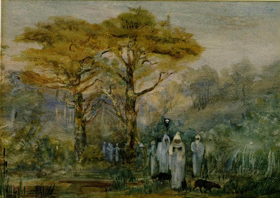 A hooded Procession, not dated.  Barbara Leigh Smith Bodichon (1827–1891).  Watercolor on paper, 10 1/16 × 14 9/16 inches.  Mark Samuels Lasner Collection, University of Delaware Library.