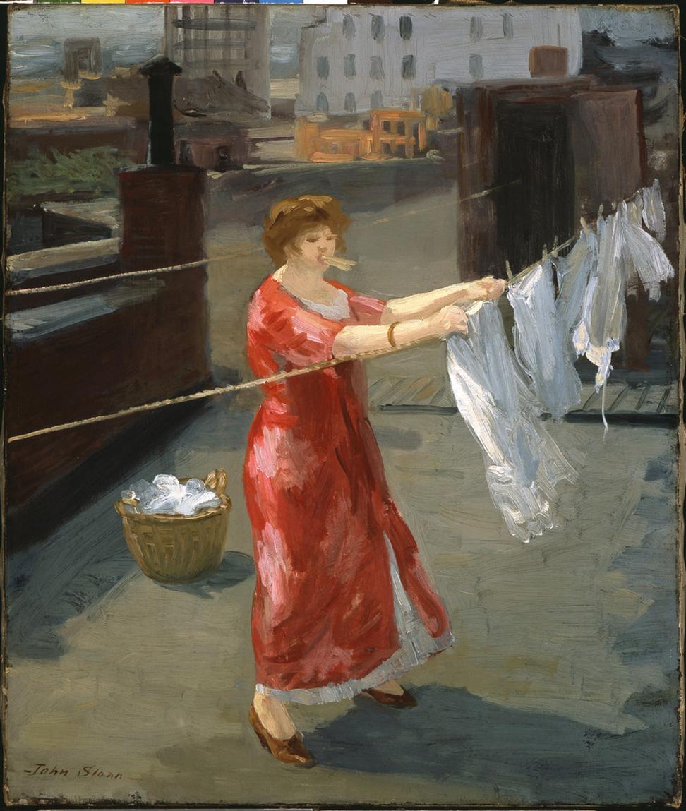 John Sloan, "Red Kimono on the Roof," 1912, oil on canvas, 24 x 20 inches.  Indianapolis Museum of Art at Newfields, James E.  Roberts Fund, 54.55.  