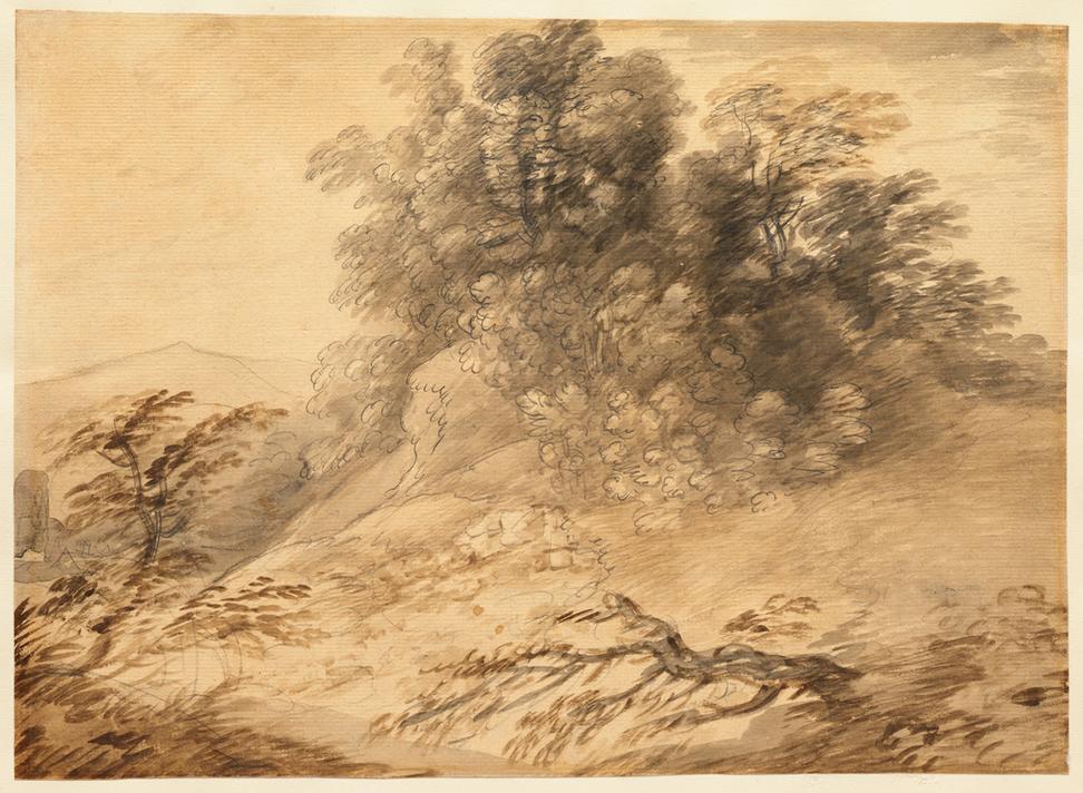 Thomas Gainsborough (English, 1727–1788) Landscape with a Clump of Trees on a Hillock, early 1760s.  Watercolor and graphite, with coating, on paper, 10 1/4 x 14 3/16 in.  Clark Art Institute, Gift of the Manton Art Foundation in memory of Sir Edwin and Lady Manton, 2007.8.66 